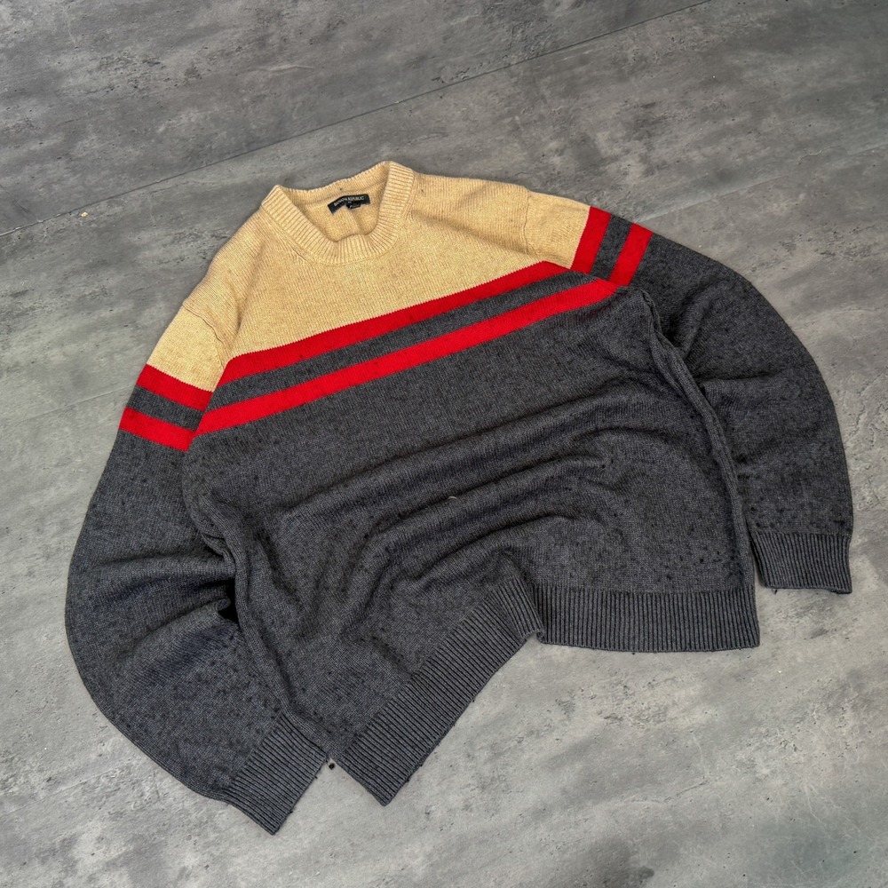 Y2K 00's Grey Cream Red Striped Colorblock Surfwear Style Knit Sweater